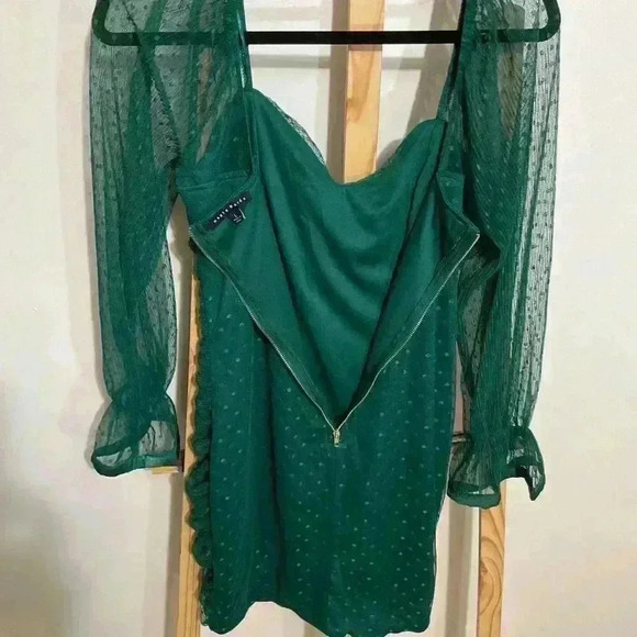 Haute Monde, Mini dress Green, Ruched Mesh Long Sleeve, Size Large - Picture 4 of 11